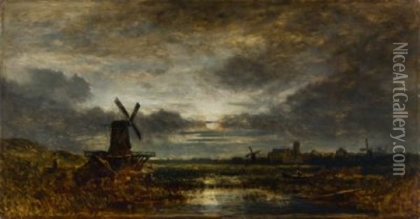 Hollandische Landschaft Mit Windmuhlen Bei Mondschein Oil Painting - Eduard Schleich the Elder