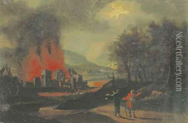 A nocturnal landscape with travellers approaching a burning fortified city Oil Painting - German School
