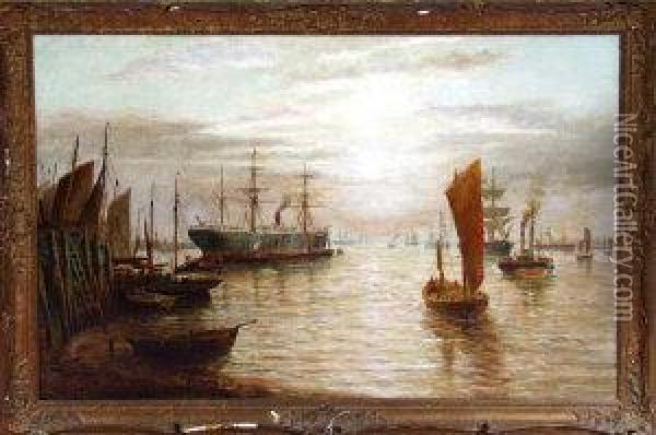 A Sail-assisted Steam Coaster, Fishing Boats And Other Vessels On The Tyne Oil Painting - Bernard Benedict Hemy
