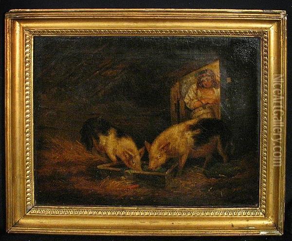 Pigs At The Trough Oil Painting - George Morland