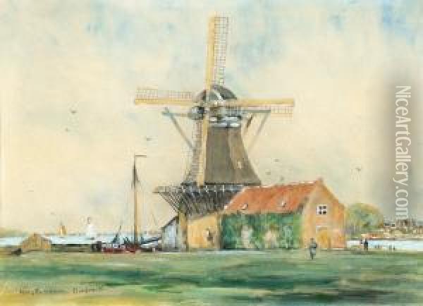 View Of A Mill By The Water In Dordrecht Oil Painting - Hans Herrmann
