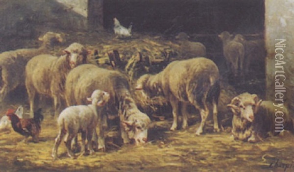 Interieur De Ferme Avec Moutons, Coq Et Poules Oil Painting - Albert Charpin