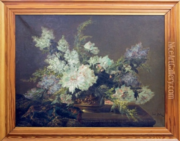 Bouquet De Fleurs Dans Une Coupe En Bronze Sur Un Entablement Oil Painting - Paul Biva