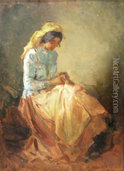 Woman Sewing Oil Painting - Nicolas Vermont