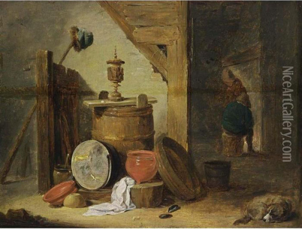 An Interior Of An Inn With A Dog
 And Kitchen Utensils In The Foreground, Two Figures Near A Fireplace 
Beyond Oil Painting - David The Younger Teniers