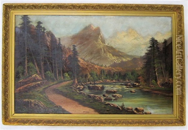 River Landscape With Mountains In The Background Oil Painting - John J. Engelhart