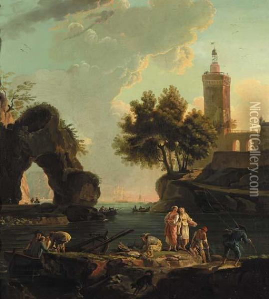 Fishermen Unloading Cargo On A 
Landing Stage In A Mediterranean Harbour, A Lighthouse Beyond Oil Painting - Claude-joseph Vernet