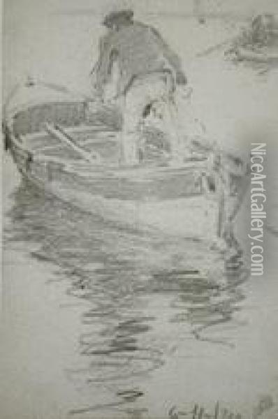 . Pescador En La Barca.. Oil Painting - Segundo Matilla Y Marina