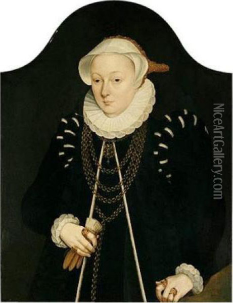 Portrait Of A Lady, Half-length,
 Wearing Black, With A Gold Chain And A White Embroidered Head-dress Oil Painting - Barthel Bruyn