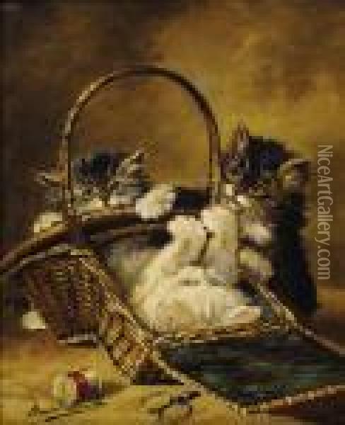 Three Kittens Playing In A Sewing Basket Oil Painting - Alphonse de Neuville