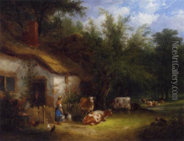 A Milkmaid And Cattle By A Cottage Gate Oil Painting - Charles Shayer