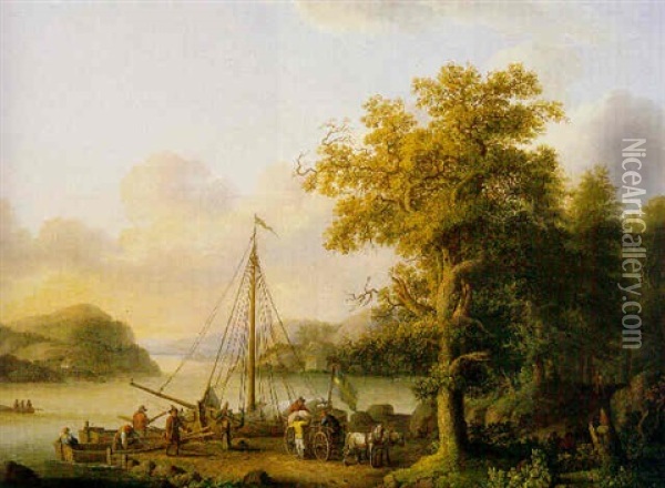 A River Landscape With Figures Loading A Small Vessel Oil Painting - Jacob Philipp Hackert
