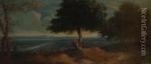 Paesaggio Di Campagna Con Figure Sullo Sfondo Della Valle Del Tevere Oil Painting - Gaspard Dughet Poussin