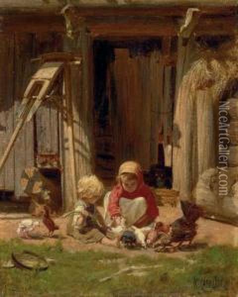 Children With Chickens Oil Painting - Konstantin Apollonovich Savitskii