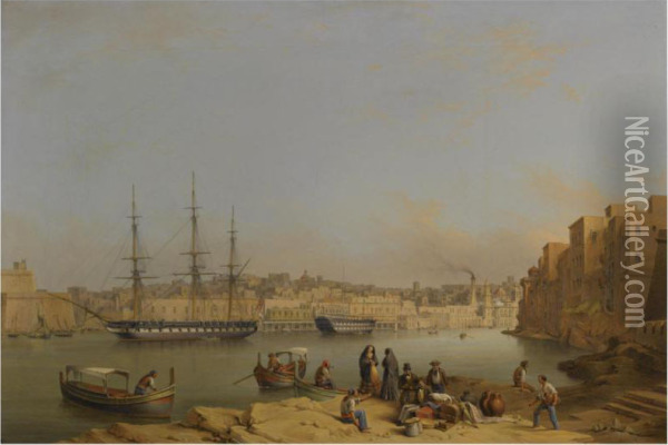 Hms Leander At Anchor In Dockyard Creek, Valetta Harbour, Aman-of-war Being Fitted Out Beyond Oil Painting - Johann Schranz
