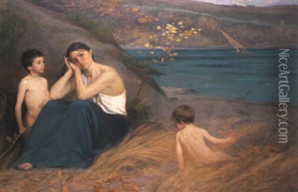 Sinnende Frau Und Zwei Kinder Am Strand Oil Painting - Gustave de Beaumont