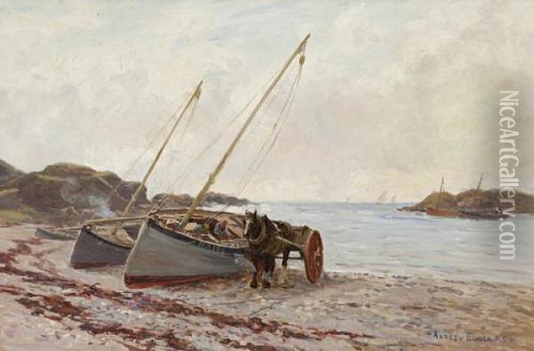 Unloading Mussels Ayrshire Coast Oil Painting - Andrew Black