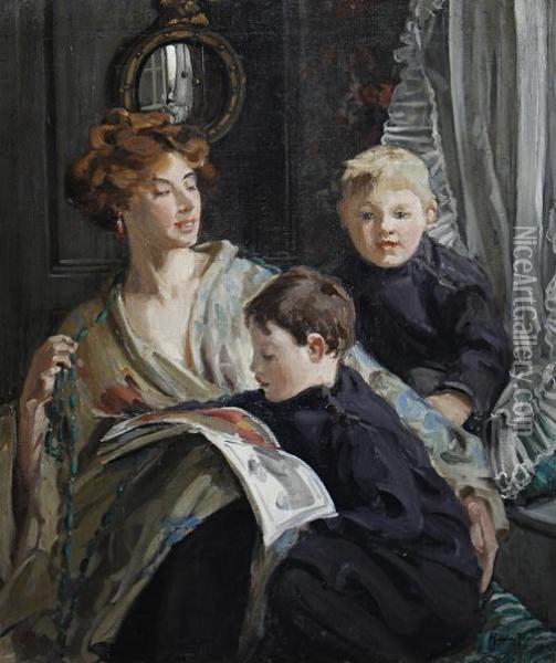 A Portrait Of A Mother And Her Two Sons Oil Painting - Hilda Fearon