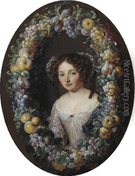 Portrait Of A Lady, Half Length, Framed By A Wreath Of Grapes, Apples And Plums Oil Painting - Jacob Ferdinand Voet