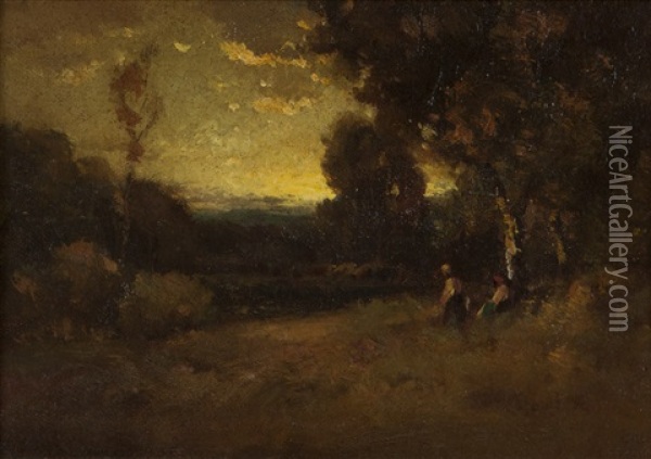 Two Figures In A Pastoral Landscape Oil Painting - Alexis Matthew Podchernikoff