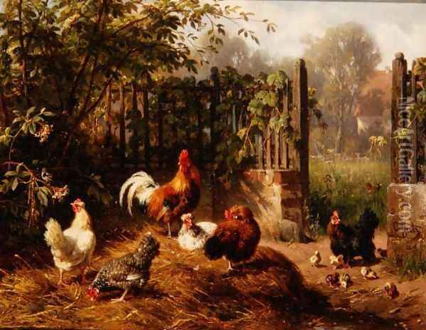 Rooster with Hens and Chicks Oil Painting - Carl Jutz