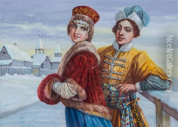 Galantes Liebespaar In Winterlandschaft Oil Painting - Serge (Sergei) de Solomko