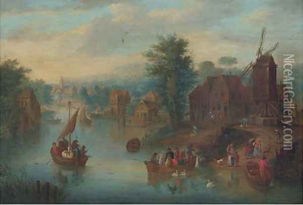 A riverside town with peasants crossing a river Oil Painting - Joseph van Bredael