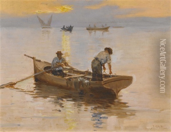 Abendliche Stimmung Auf Dem Genfersee Mit Fischern Oil Painting - Jules Gachet