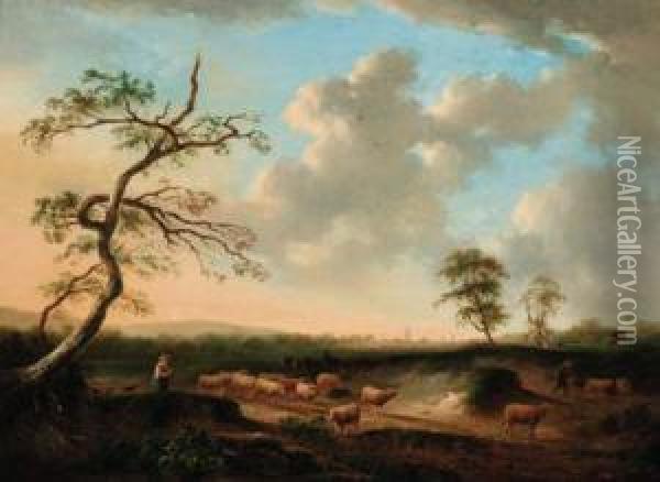 Shepherds With Their Flocks In An Extensive Landscape Oil Painting - Andries Vermeulen