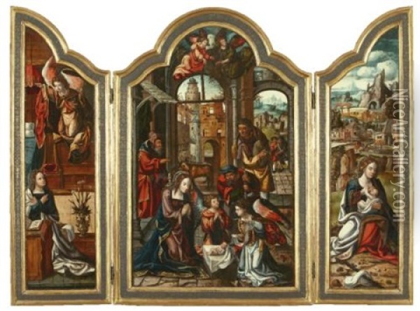 The Adoration Of The Shepherds, The Annunciation, The Rest On The Flight To Egypt (triptych) Oil Painting - Pieter Coecke van Aelst the Elder