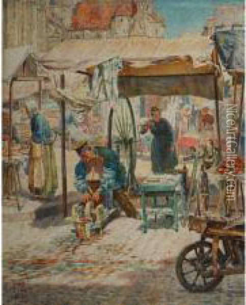Continental Market Scene With Knife Grinder Oil Painting - Thomas Matthew Rooke
