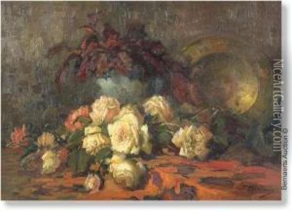 Still Lifewith Roses And Copper Plate. Oil Painting - Frans Mortelmans
