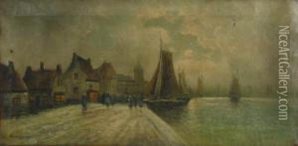 Dutch Village Scene With Sailboats Oil Painting - Peter Veerkamp