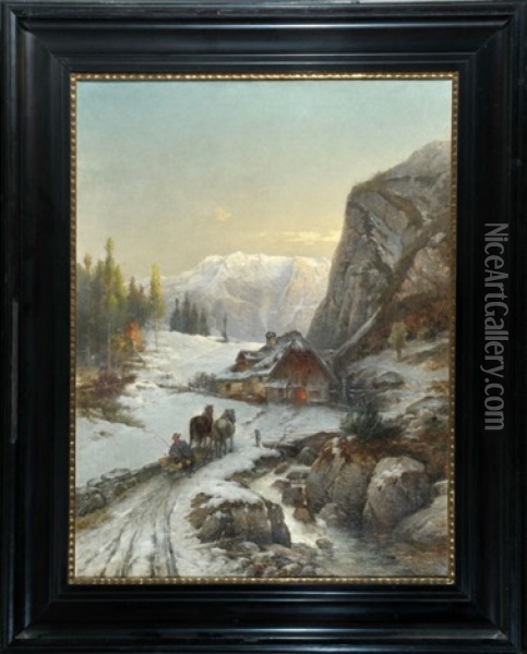 Heimkehrender Bauer Mit Pferdeschlitten Im Verschneiten Gebirge Mit Wildbach Oil Painting - Konrad Wimmer