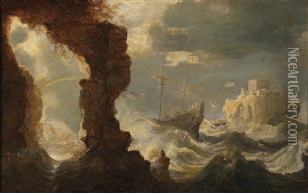A Ship In A Tempest Off A Rocky Coast Oil Painting - Bonaventura Peeters the Elder