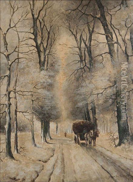 Winterlandschap Met Boer Met Paard En Kar Oplandweg. Oil Painting - Gerard Jozef Adrian Van Luppen