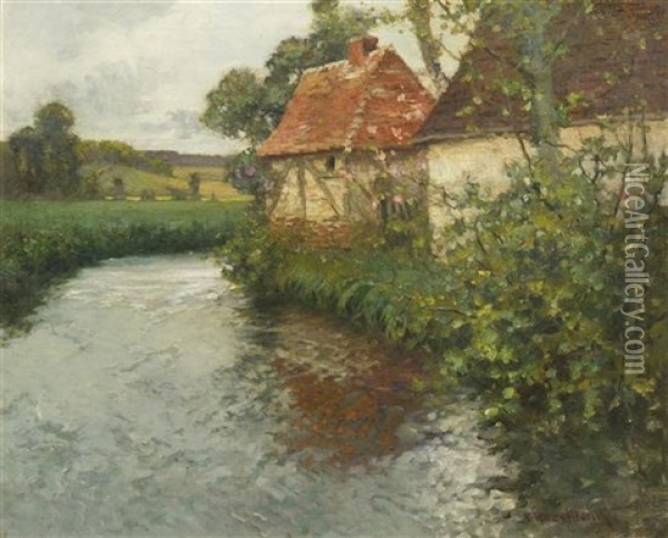 Brittany Landscape With Stream And Stone Cottages Oil Painting - George Ames Aldrich