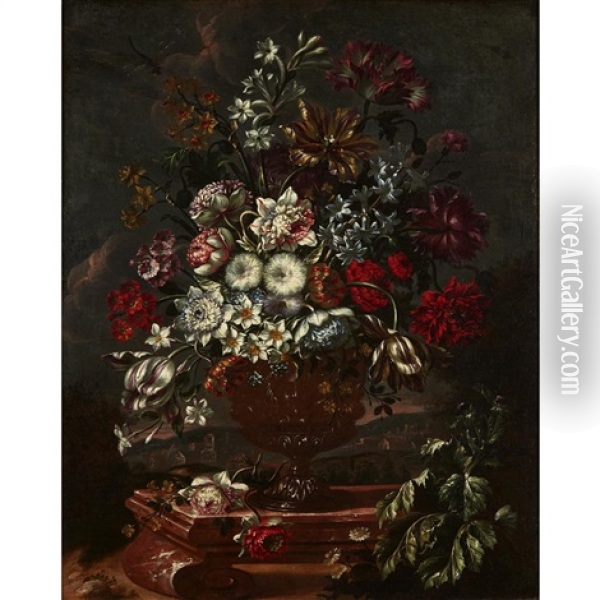 Still Life Of Mixed Flowers In An Urn, Landscape Beyond Oil Painting - Jean George Christian Coclers