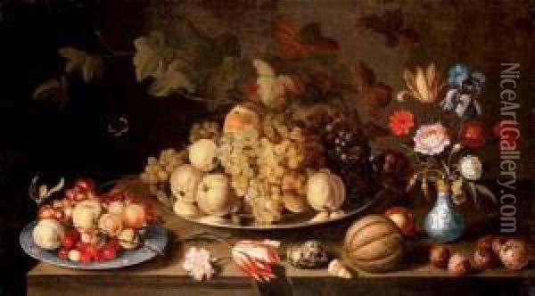 Grapes And Pears On A Pewter 
Plate, With Apples, Cherries And Grapes On A Wanli Plate, Flowers In A 
Vase And A Melon, Nuts And Shells On A Tabletop Oil Painting - Balthasar Van Der Ast