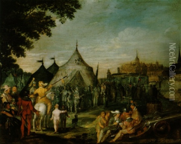 Soldaten In Einem Feldlager Vor Einer Belagerten Stadt Oil Painting - Cornelis Cornelisz Van Haarlem