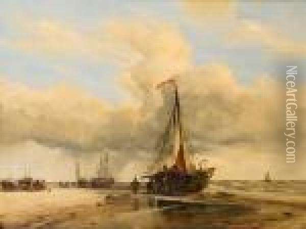 Dutch Trawlers Drying Their Sails And Nets On The Beach At Scheveningen Oil Painting - Edward William Cooke