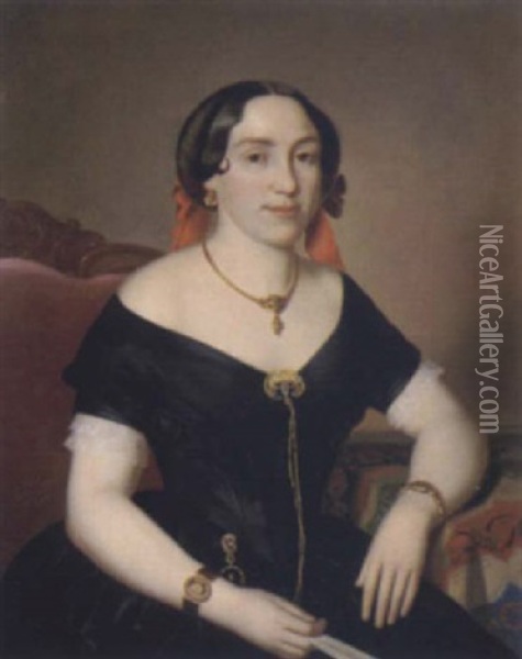 Portrat Einer Dame Mit Roter Haarschleife Oil Painting - Joseph Haier