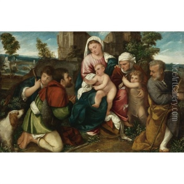 Holy Family With Saint Elizabeth, The Infant St. John, And Two Shepherds Oil Painting - Bonifazio de Pitati