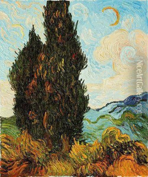 Two Cypresses Oil Painting - Vincent Van Gogh