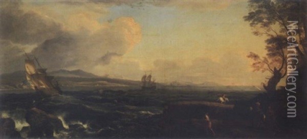 Ships Tossed In Heavy Seas Off A Rocky Shoreline Oil Painting - Pietro Antoniani