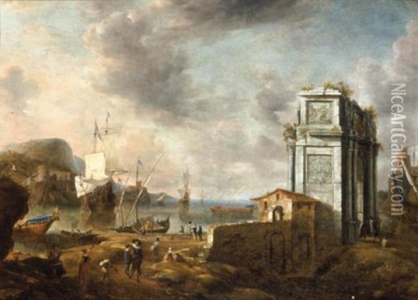 A Capriccio Of A Mediterranean Harbour With Elegant Figures And A Roman Triumphal Arch, A Dutch Man-of-war Beyond Oil Painting - Jan Abrahamsz. Beerstraten