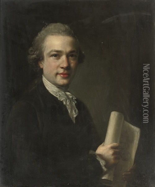 Portrait Of George Gostling, A Drawing Of The Madonna And Child In His Right Hand Oil Painting - Nathaniel Hone the Elder