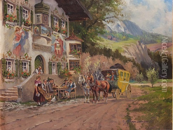 Ankunft Der Postkutsche Vor Dem Gasthof Zur Post Oil Painting - Georg Hemmrich