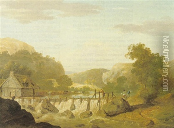 Welsh River Landscape With Cattle Watering, And Fishermen Beside A Weir Oil Painting - Thomas Jones