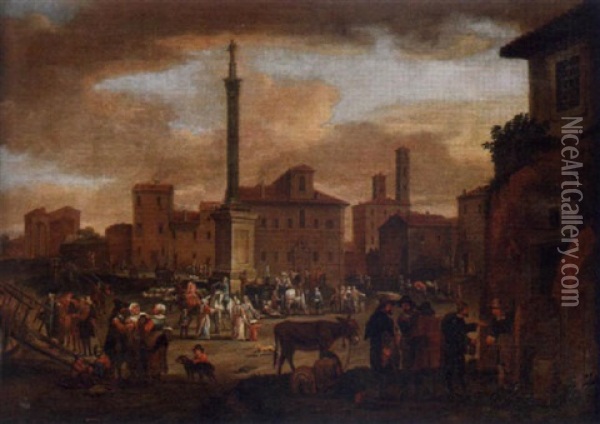 Townsfolk Gathered In A Roman Piazza Oil Painting - Johannes Lingelbach